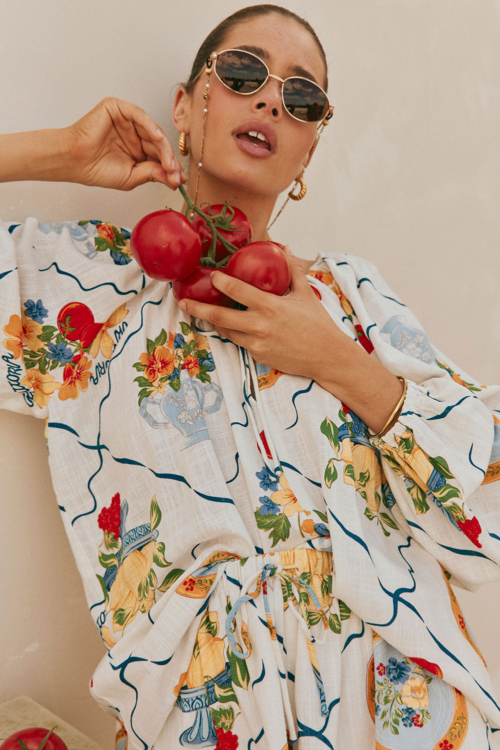 White Trattoria Print Drawstring Long Sleeve Amorina Top