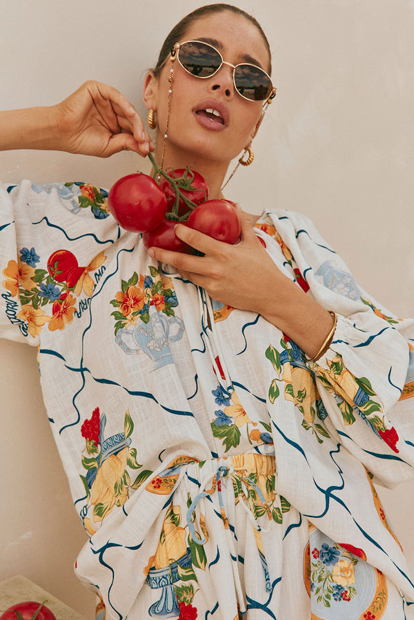 White Trattoria Print Drawstring Long Sleeve Amorina Top