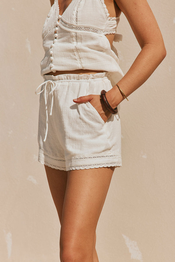 White Lace High Waist Drawstring Aviva Shorts