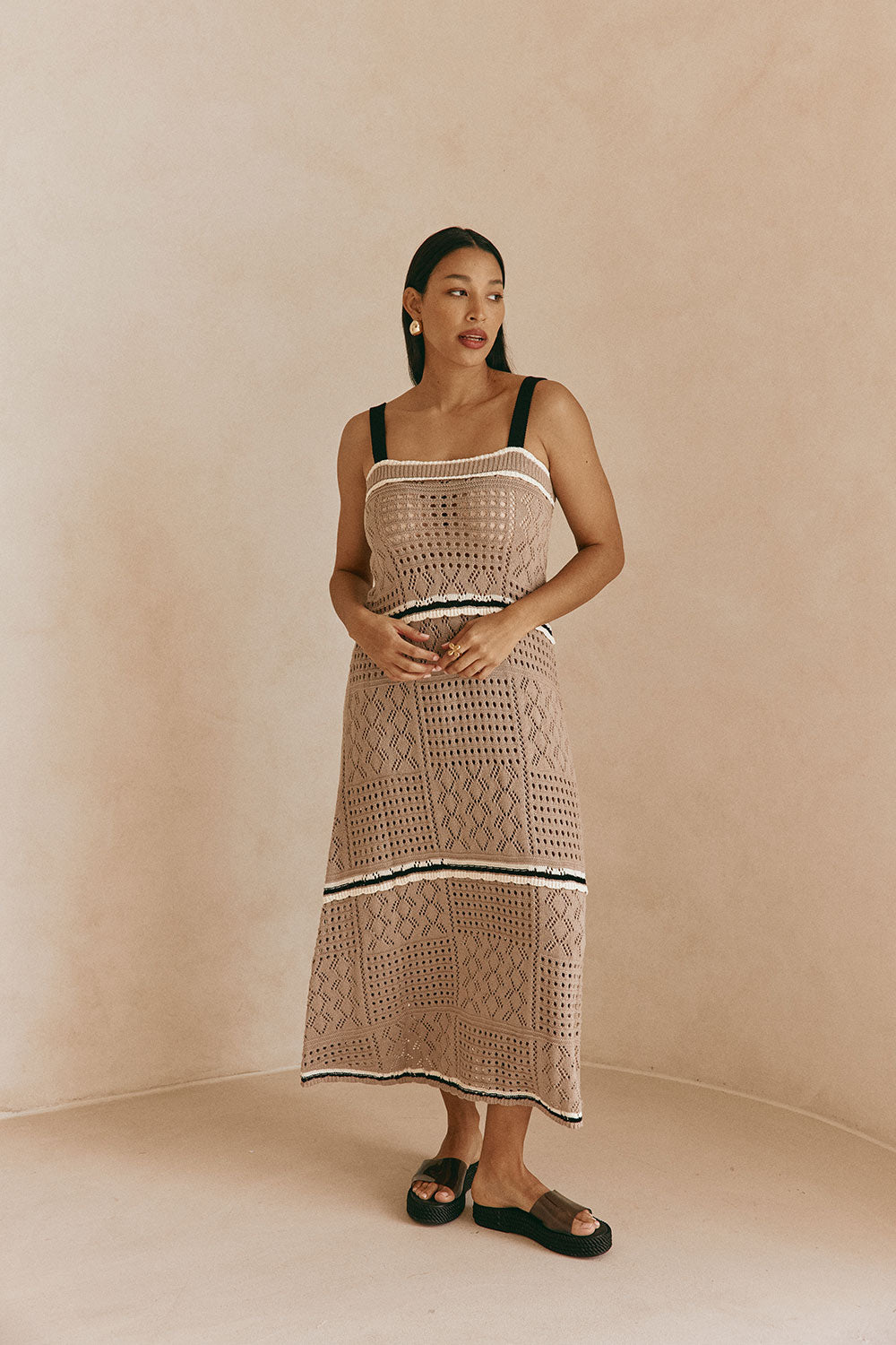 Tan Crochet Knit A Line Maxi Aliana Dress