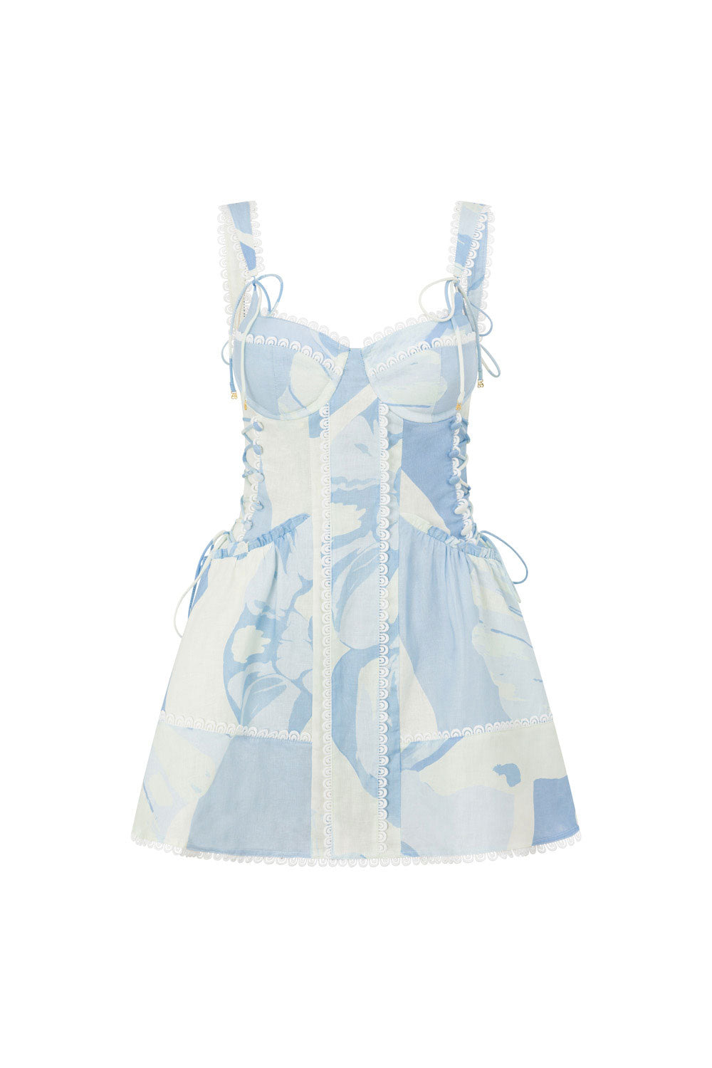 Nicolina Lace Flounce Mini Dress - Blue, White, Green Il Lido Print