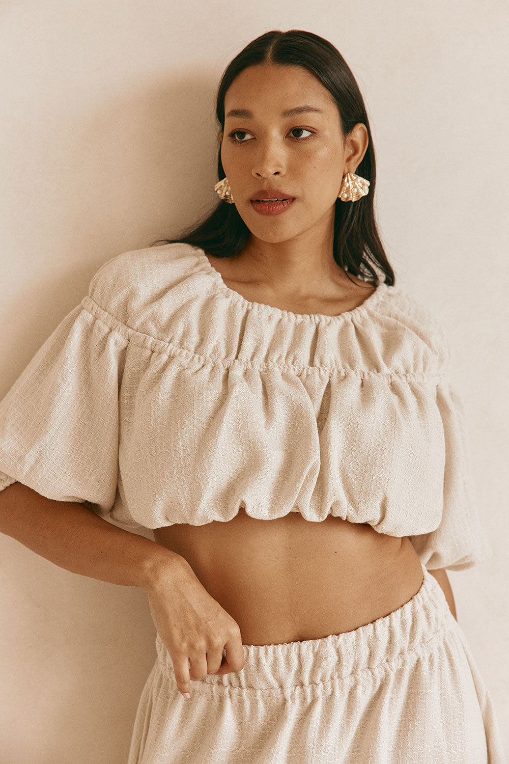 Beige Ruched Puff Sleeve Astra Crop Top