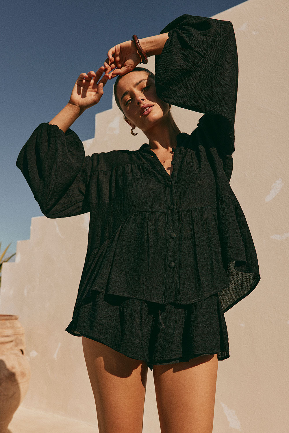 Huxley Panelled Button Up Collared Long Sleeve Top - Black