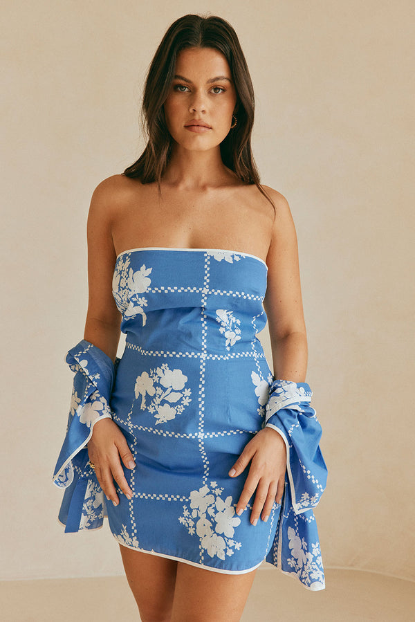 Amira Strapless Mini Dress - Postcard, Blue & White Check Flowers Print