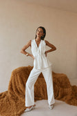 White Structured V Neck Pleated Vespera Top
