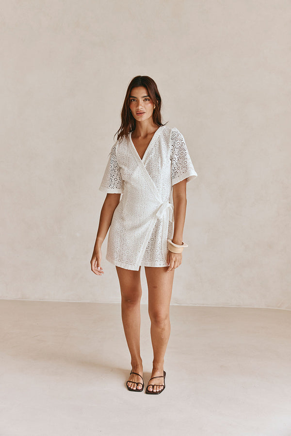 White Short Sleeve Wrap Mini Eliza Dress
