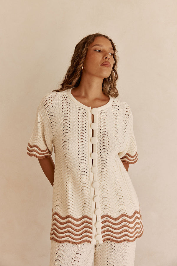 Cream Wavy Cotton Knit Button Up Janaya Top