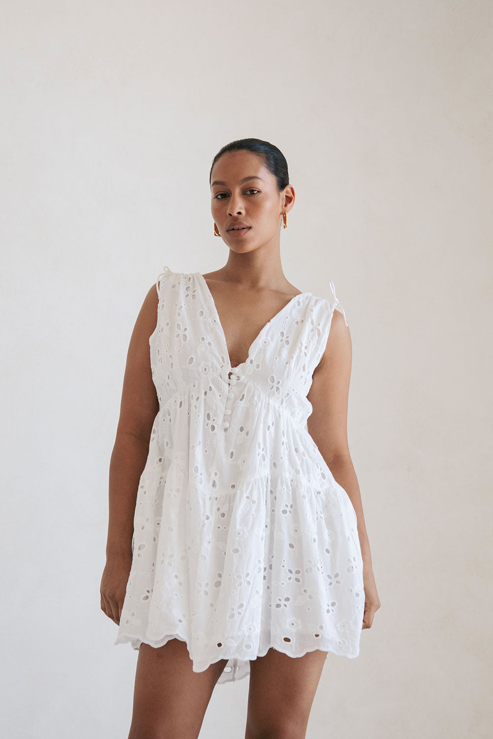 White Button V Neck Mini Kai Dress