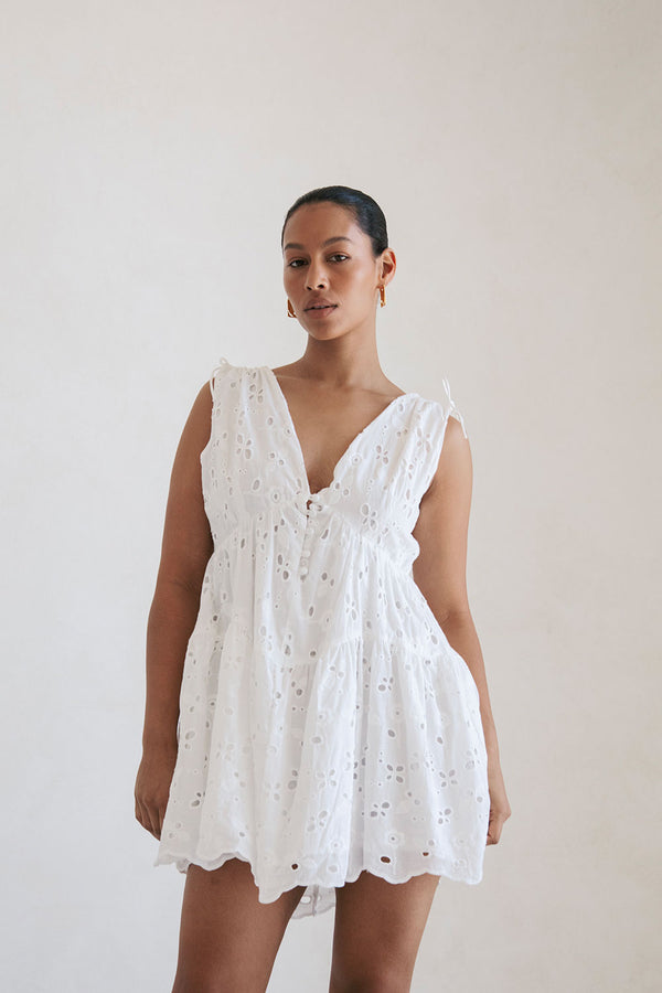 White Button V Neck Mini Kai Dress