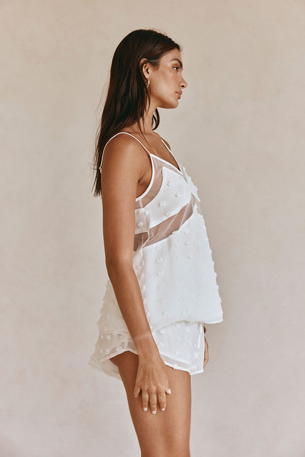 White Textured Spots Strappy Panelled Jacerra Top