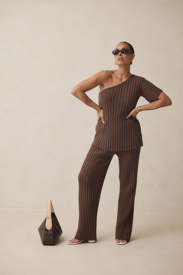 Brown Ribbed Cotton Knit Elastic Neena Pants