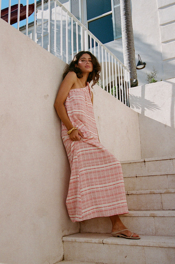 Pink And White Stripe One Shoulder Navi Maxi Dress