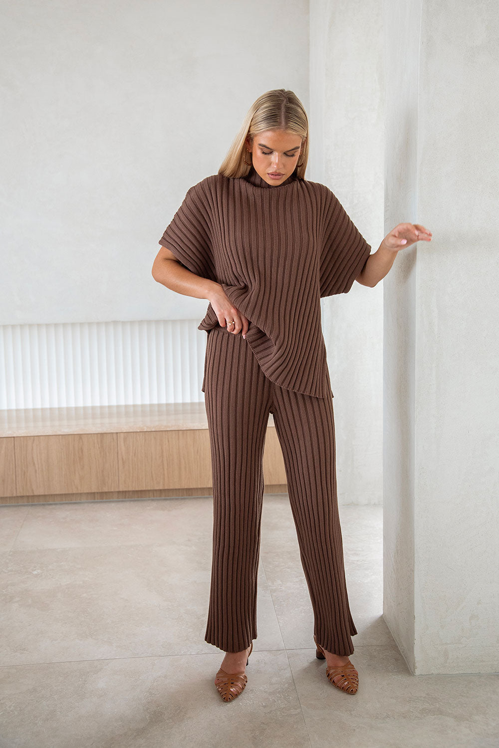 Chocolate Brown Ribbed Knit Short Sleeve Celine Top