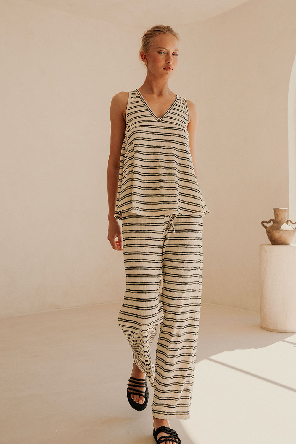 Black And White Stripe Relaxed Drawstring Lana Pants