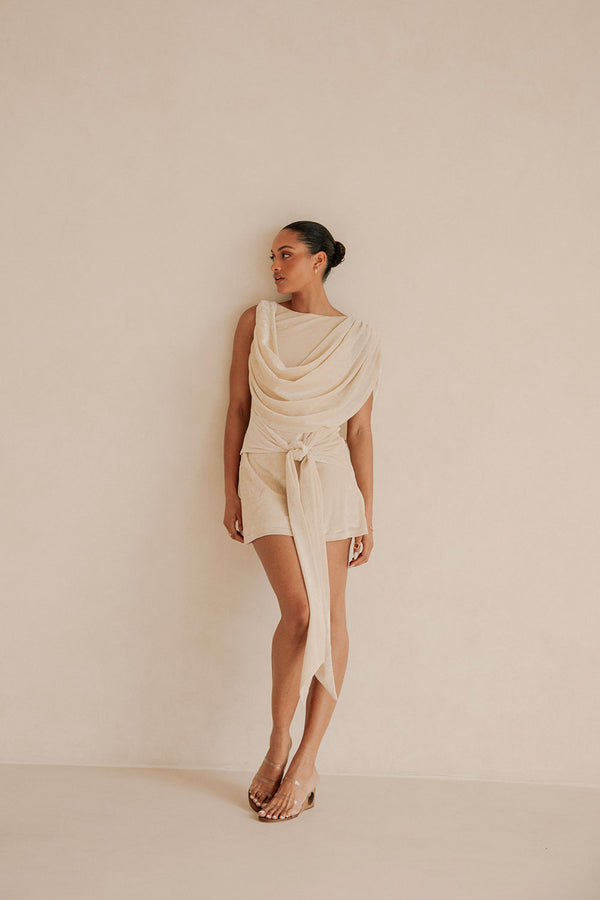 Beige Suede Plunge V Neck Tie Mini June Dress