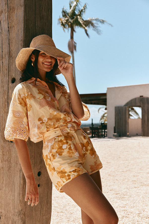 Yellow Floral High Waist Belted Sicily Shorts
