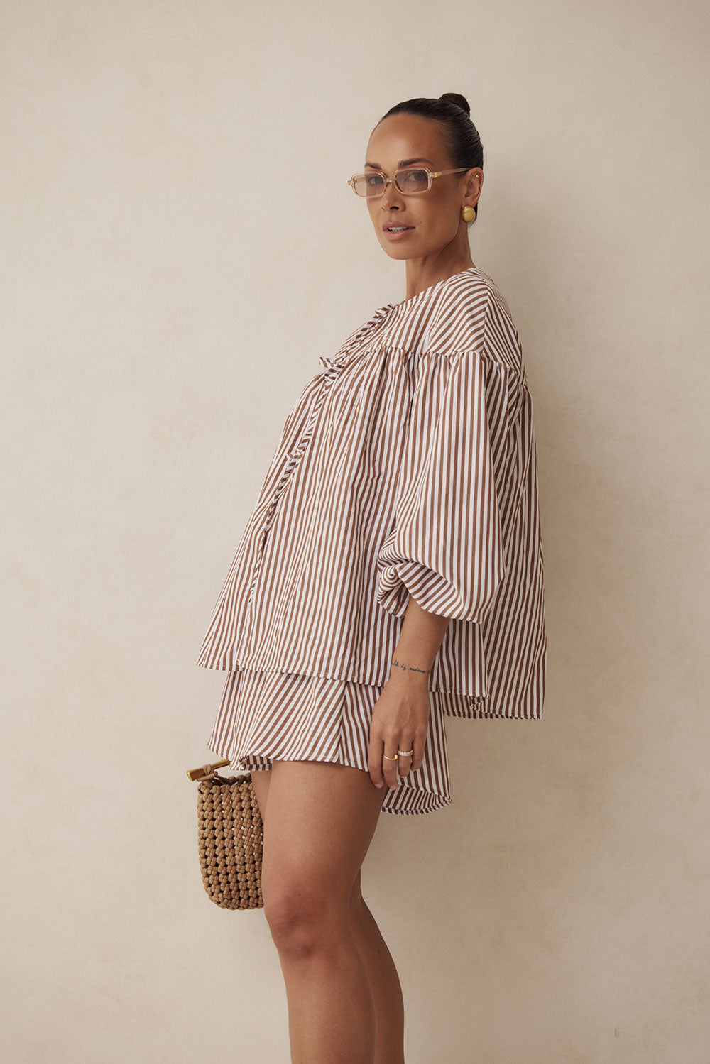 Pennie Long Sleeve Tie Top - Brown, White Stripe