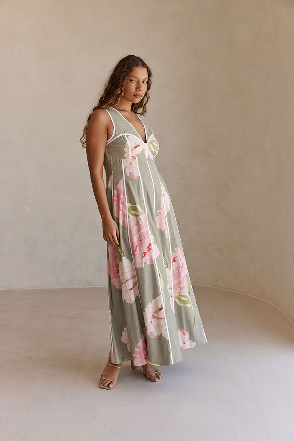 Fiori Green Floral Print V Neck Maxi Emory Dress