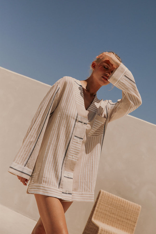 Beige Boxy Button Up V Neck Malia Dress