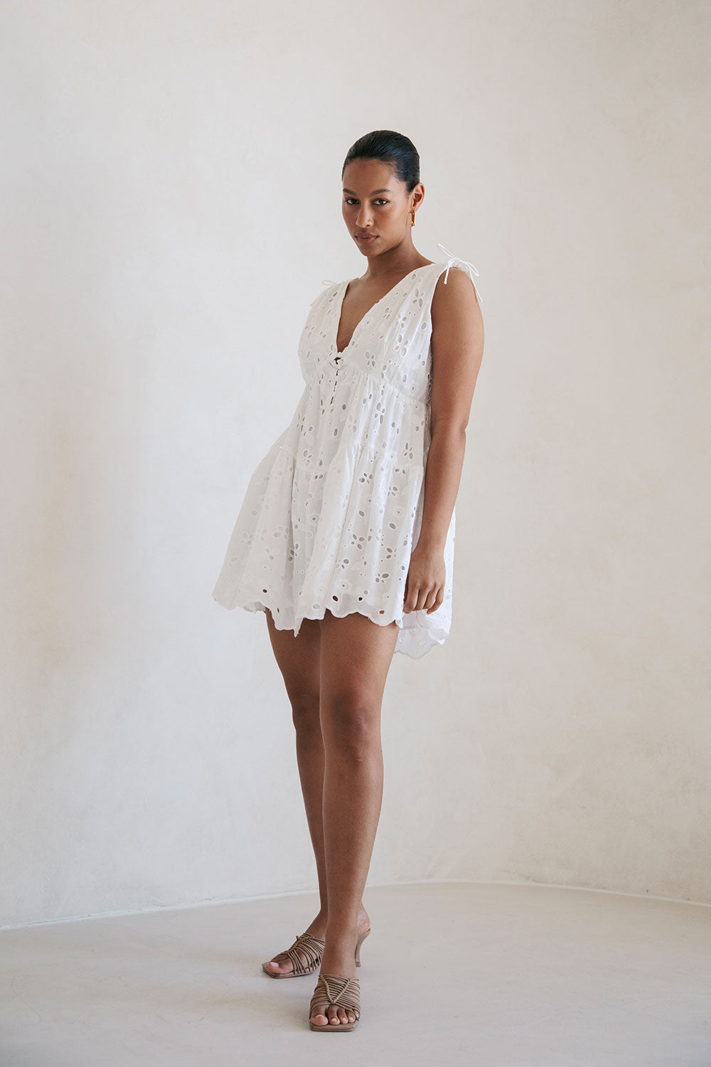 White Button V Neck Mini Kai Dress