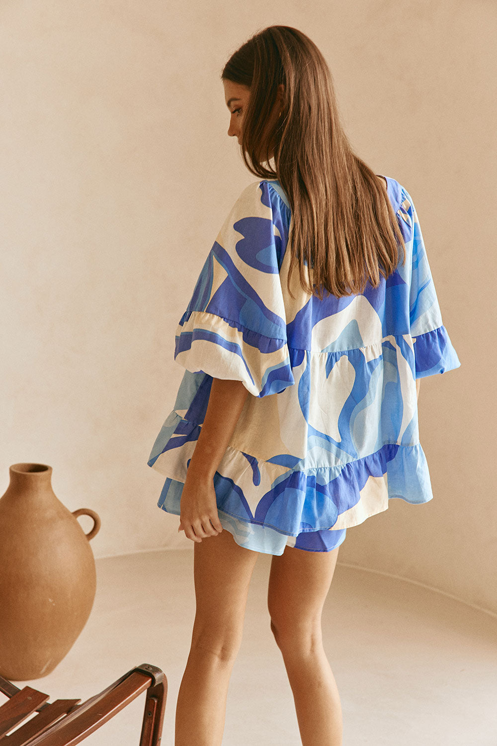 Valley Blue Print Puff Sleeve Button Elara Top