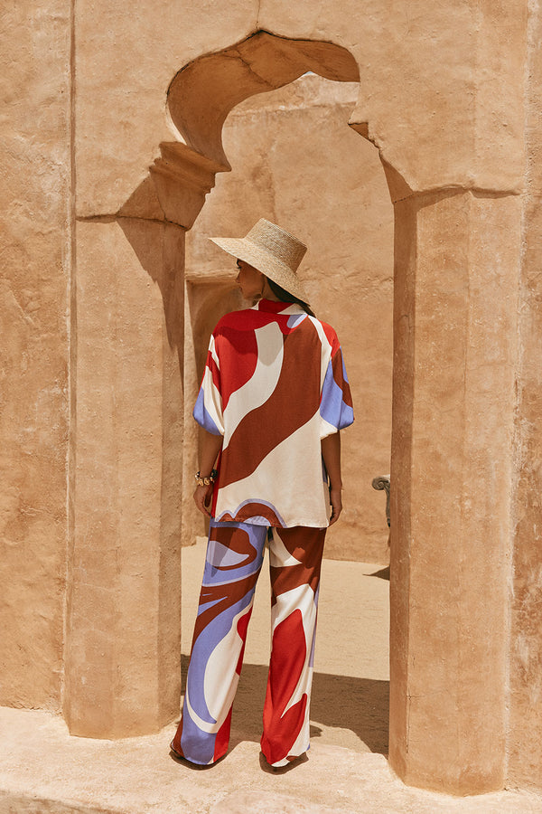 Valley Red Print Button Up Short Sleeve Dia Top