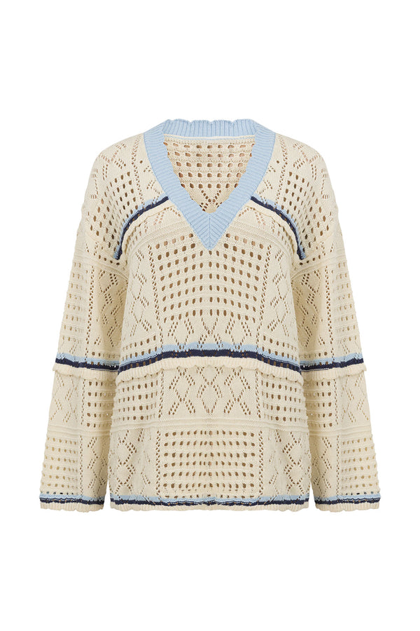 Cream Cotton Crochet Knit Long Sleeve Boxy Balia Top