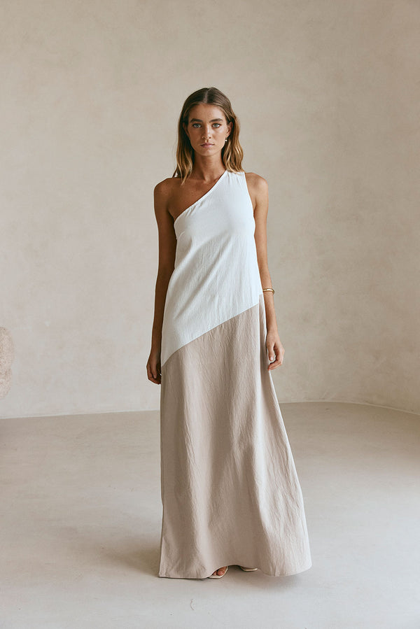 Beige White Two Tone One Shoulder Maxi Ellita Dress