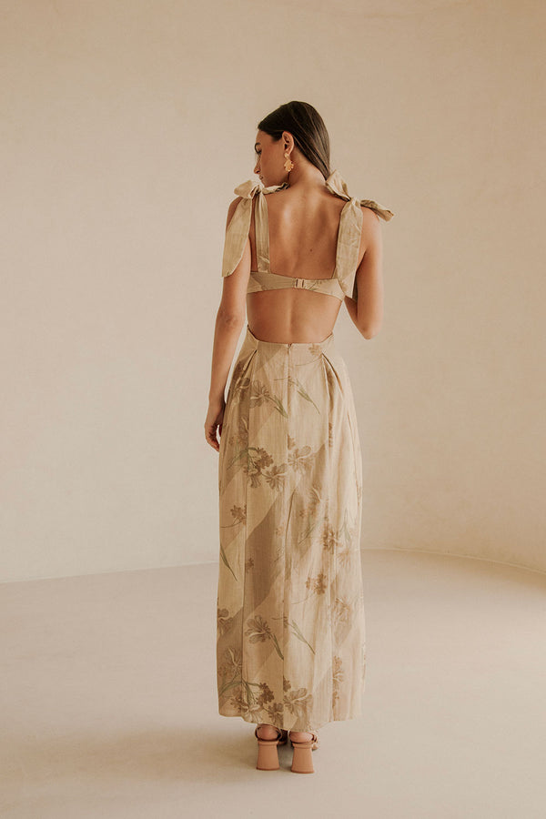 Maivie Tropical Cutout Tie Maxi Dress - Brown, Green Tawny Bloom Print