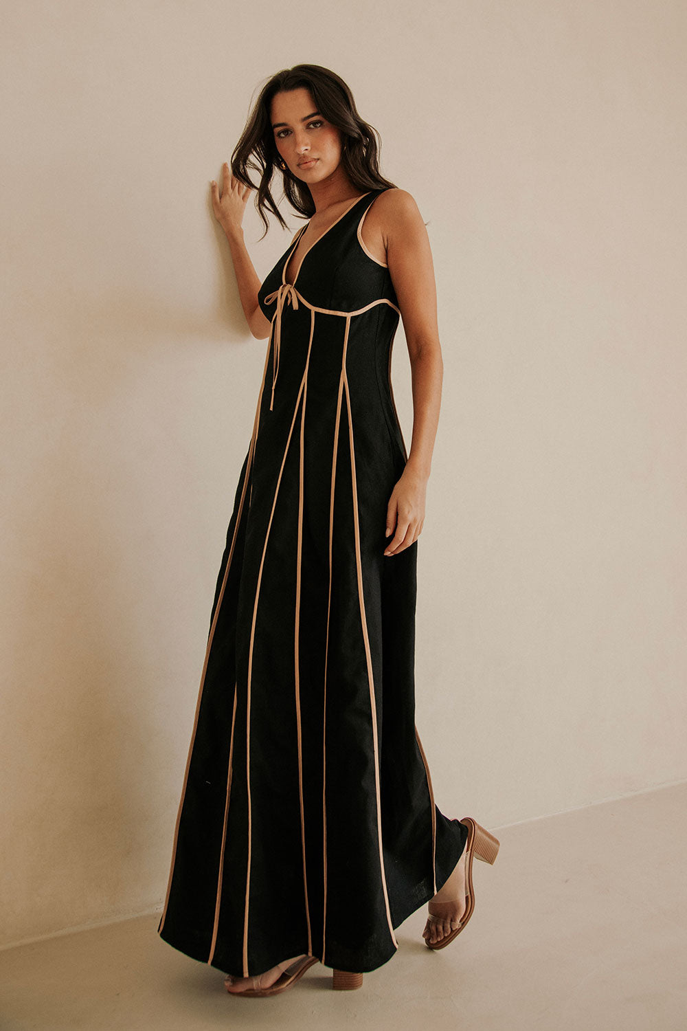 Black V Neck Tie Maxi Maylin Dress