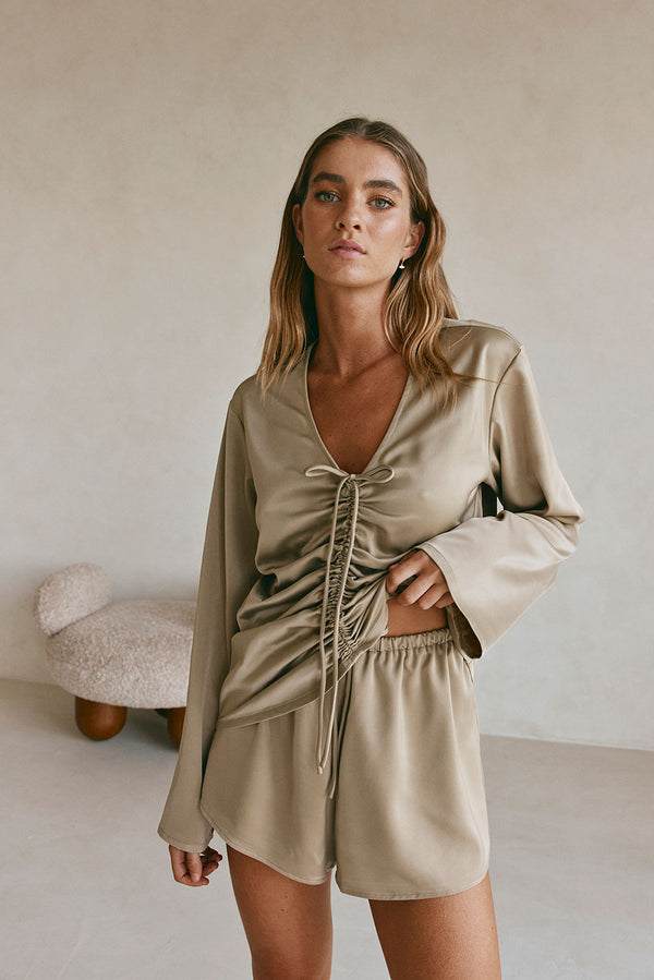 Khaki Silky Elastic Drawstring Bindi Shorts