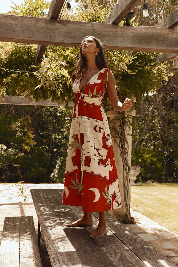 Red Palma Vista Print V Neck Maxi Mira Dress