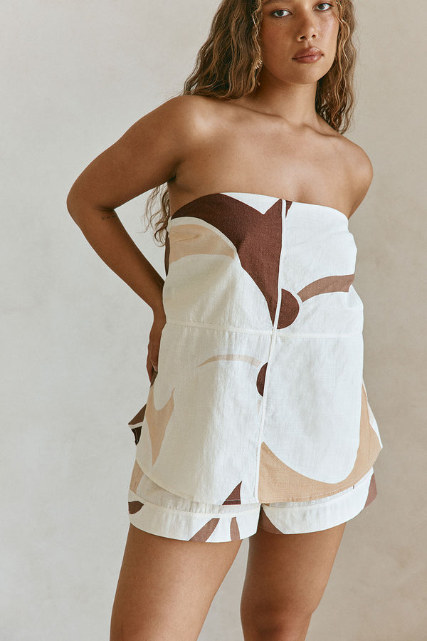 Brown Sable Floral Print Strapless Ria Playsuit