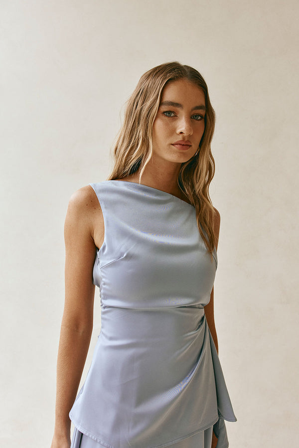 Hailey Thin Adjustable Strap Ruched Backless Top - Blue