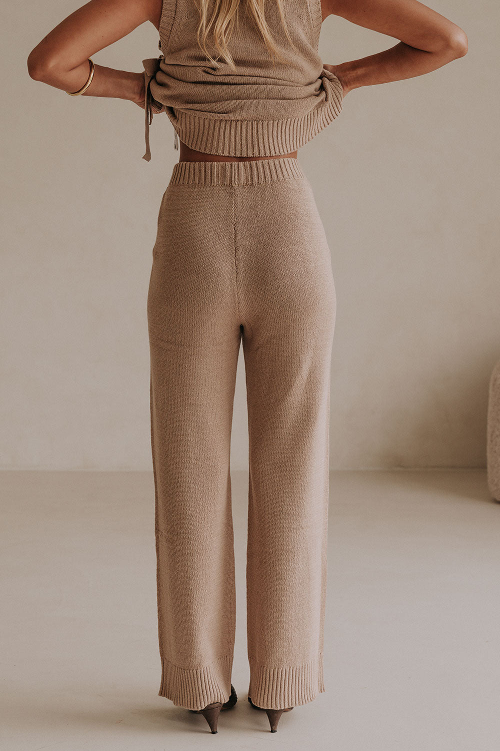 Brown Knit High Waist Elastic Della Pants