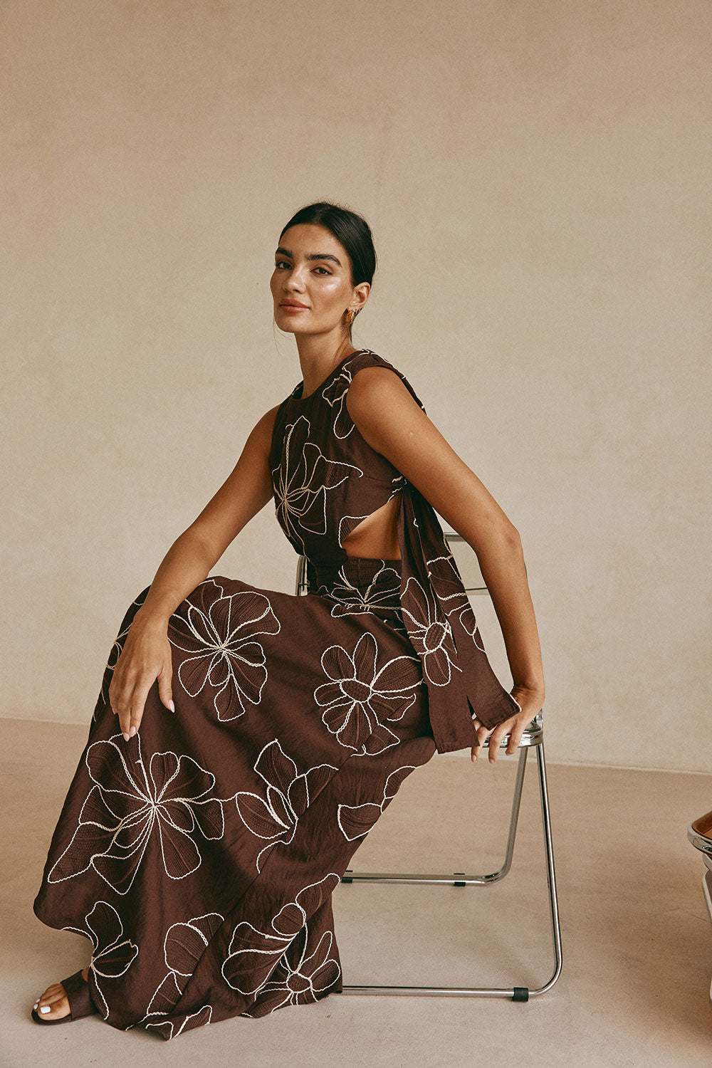 Chocolate Brown Floral Embroidered Maxi Aurelia Dress – SABO
