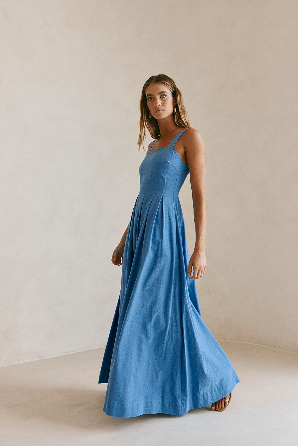 Blue Pleated Full Maxi Flore Dress