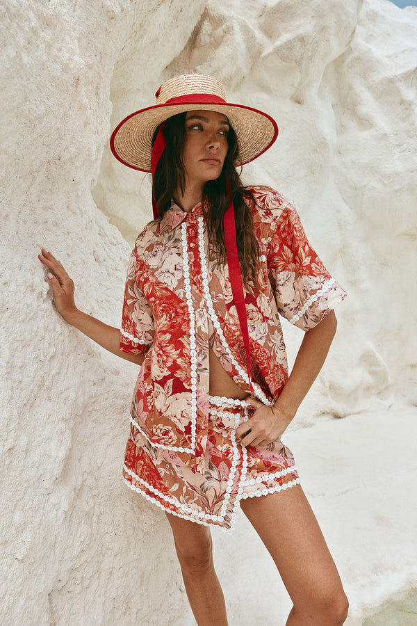 Red Floral Solafleur Print Wrap La Dolce Vita Skirt