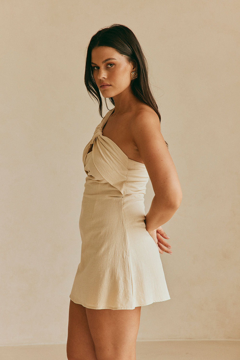 Beige One Shoulder Cutout Mini Knot Dimmi Dress