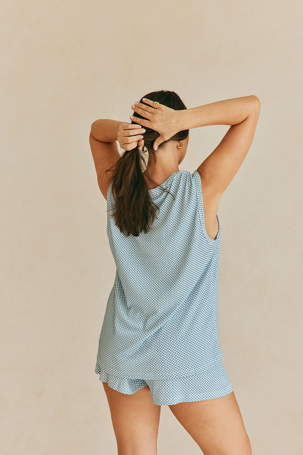 Blue And White Checker Button Marah Top