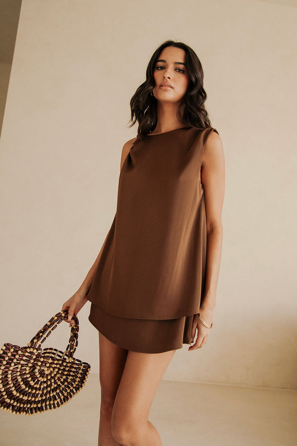 Chocolate Brown Silk Asymmetrical Mini Genoa Dress