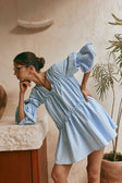 Ava Flounce Long Sleeve Mini Tie Dress - Blue