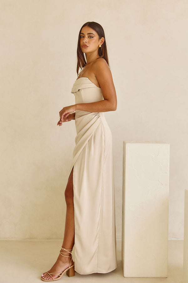 Champagne Strapless Ruched Midi Pela Midi Dress