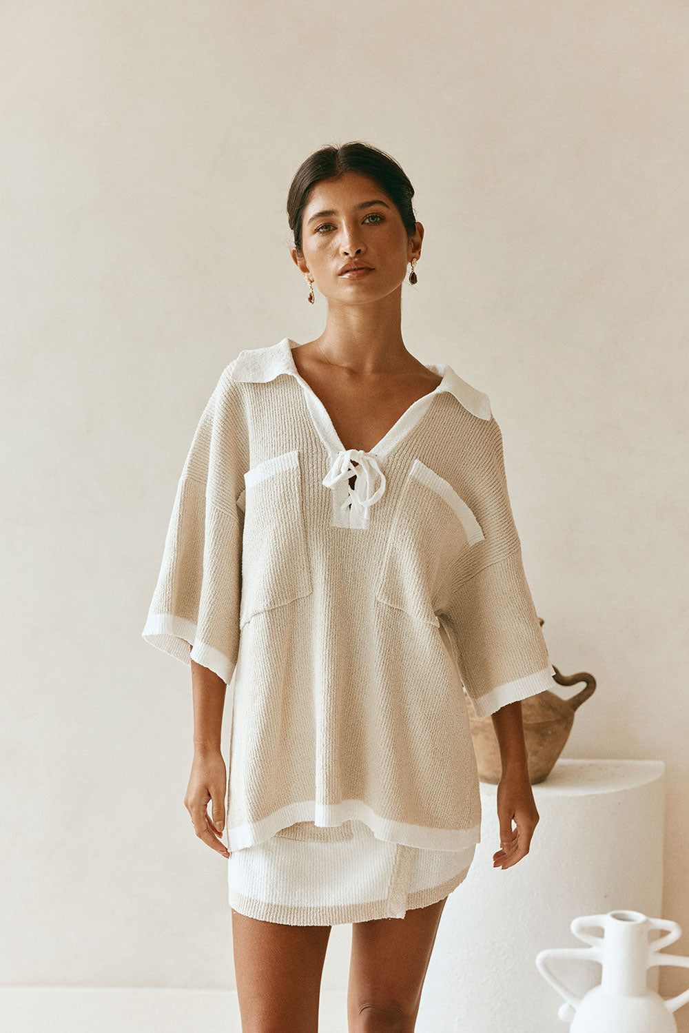 Beige Short sleeve Collar Tie Jess Top