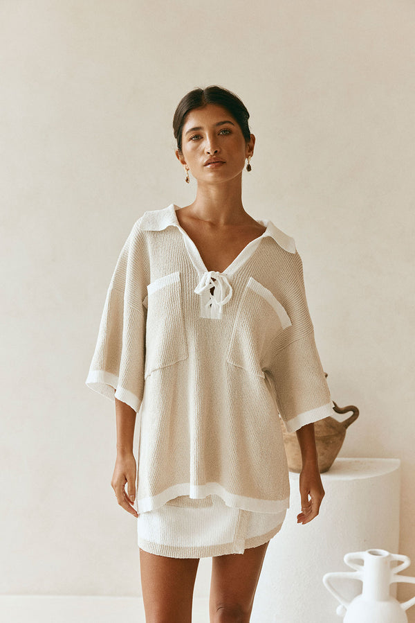 Beige Short sleeve Collar Tie Jess Top