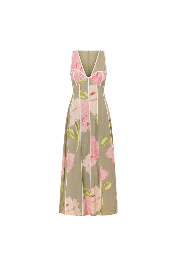 Fiori Green Floral Print V Neck Maxi Emory Dress