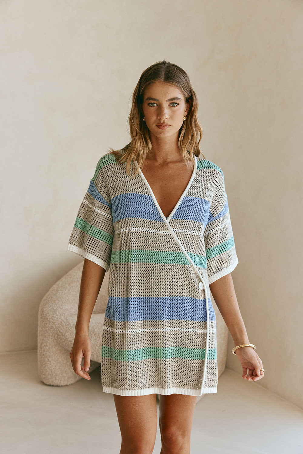 Grey Stripe Knit Mini Wrap Jessie Dress SABO Grey Stripe Knit Mini Wrap Jessie Dress SABO