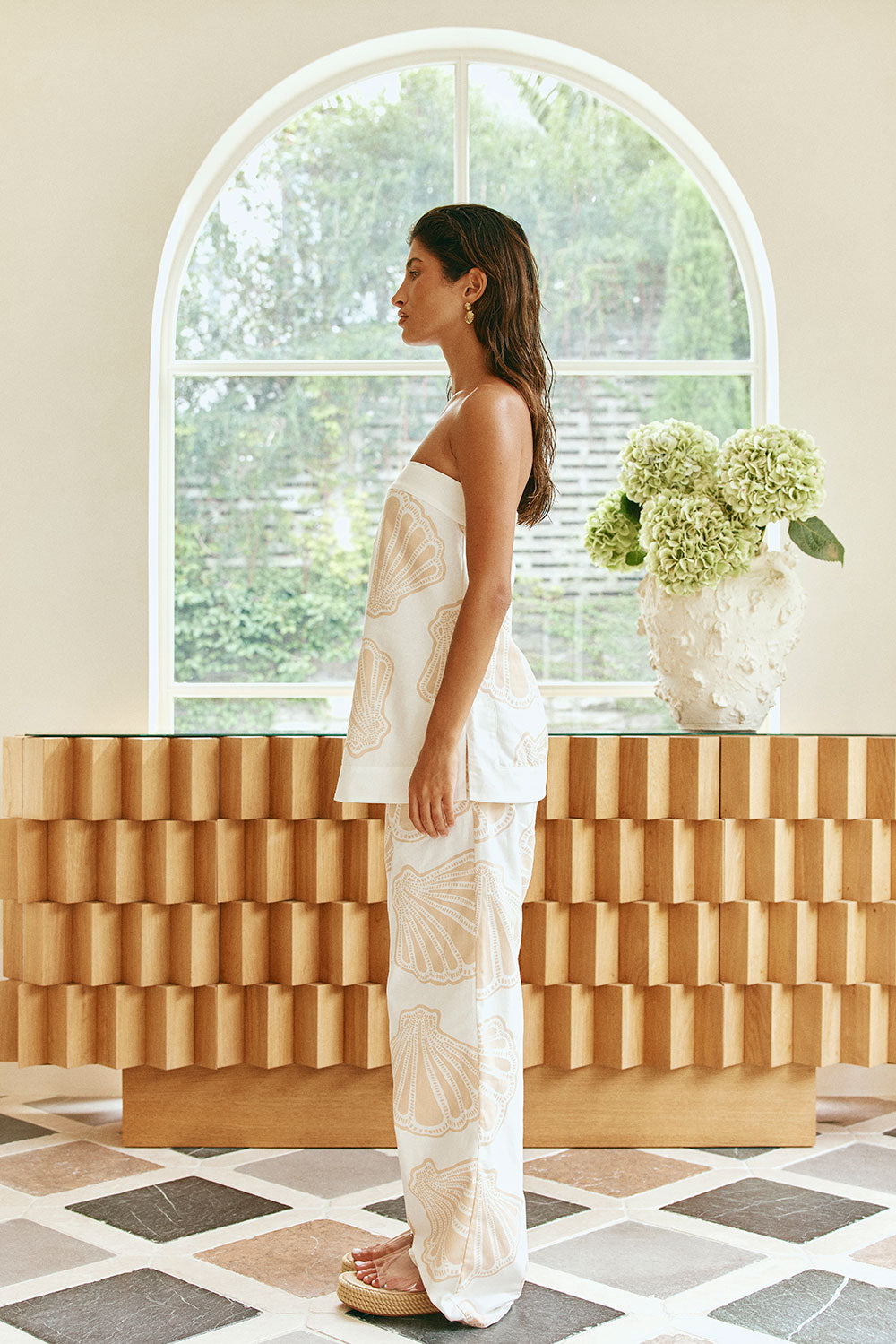 White Coastal Shell Print High Waist Bahari Pants