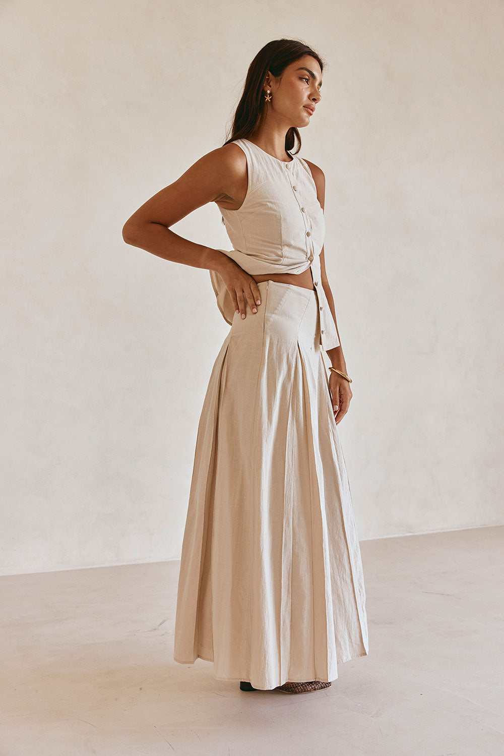 Beige Cotton A Line Pleated Maxi Adri Skirt