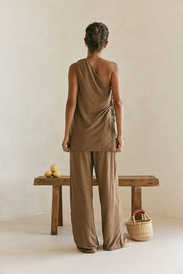 Chocolate Brown One Shoulder Side Tie Zen Top